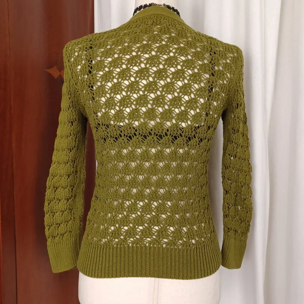 Vintage 100% Cotton Pointelle Knit Cardigan, Olive Green, XS/S - Picture 4 of 8